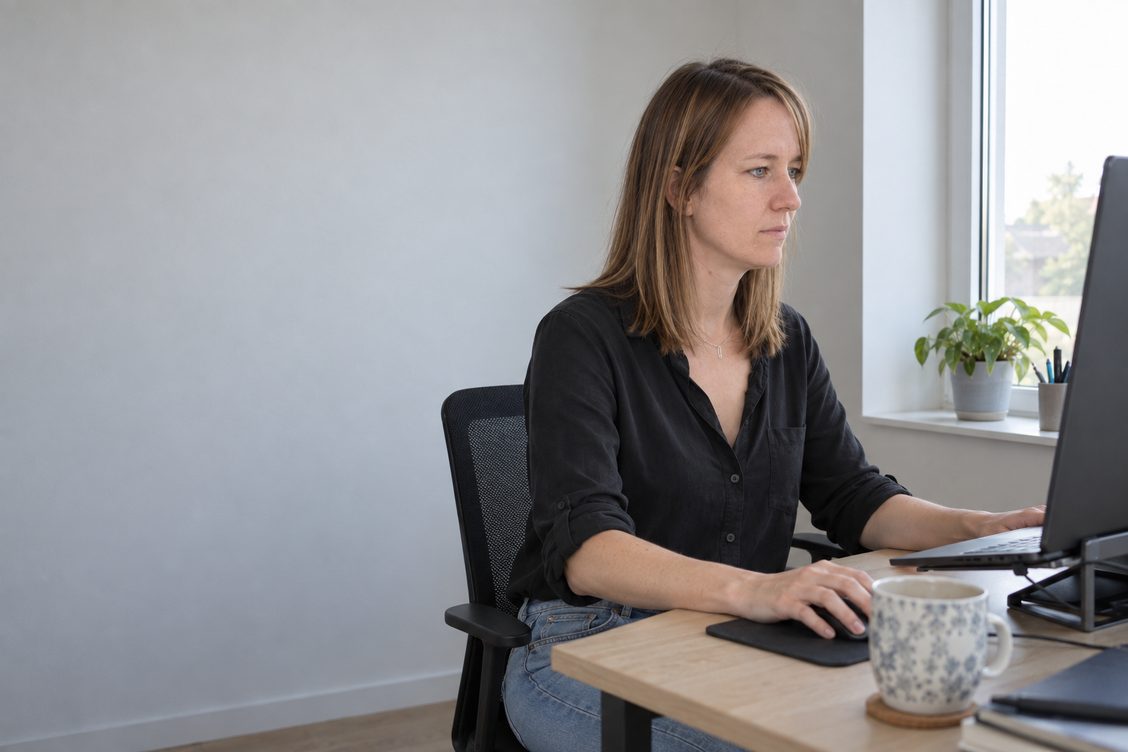 Melanie Vogtli assise a son bureau devant un ecran, pres d'une fenetre, dans une piece claire.